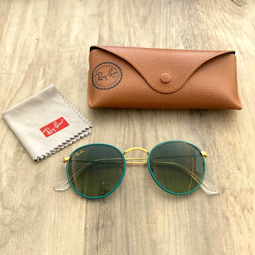Ray-Ban Blue Green Gold Metal Frame Round Sunglasses 100% UV Protection w/ Case